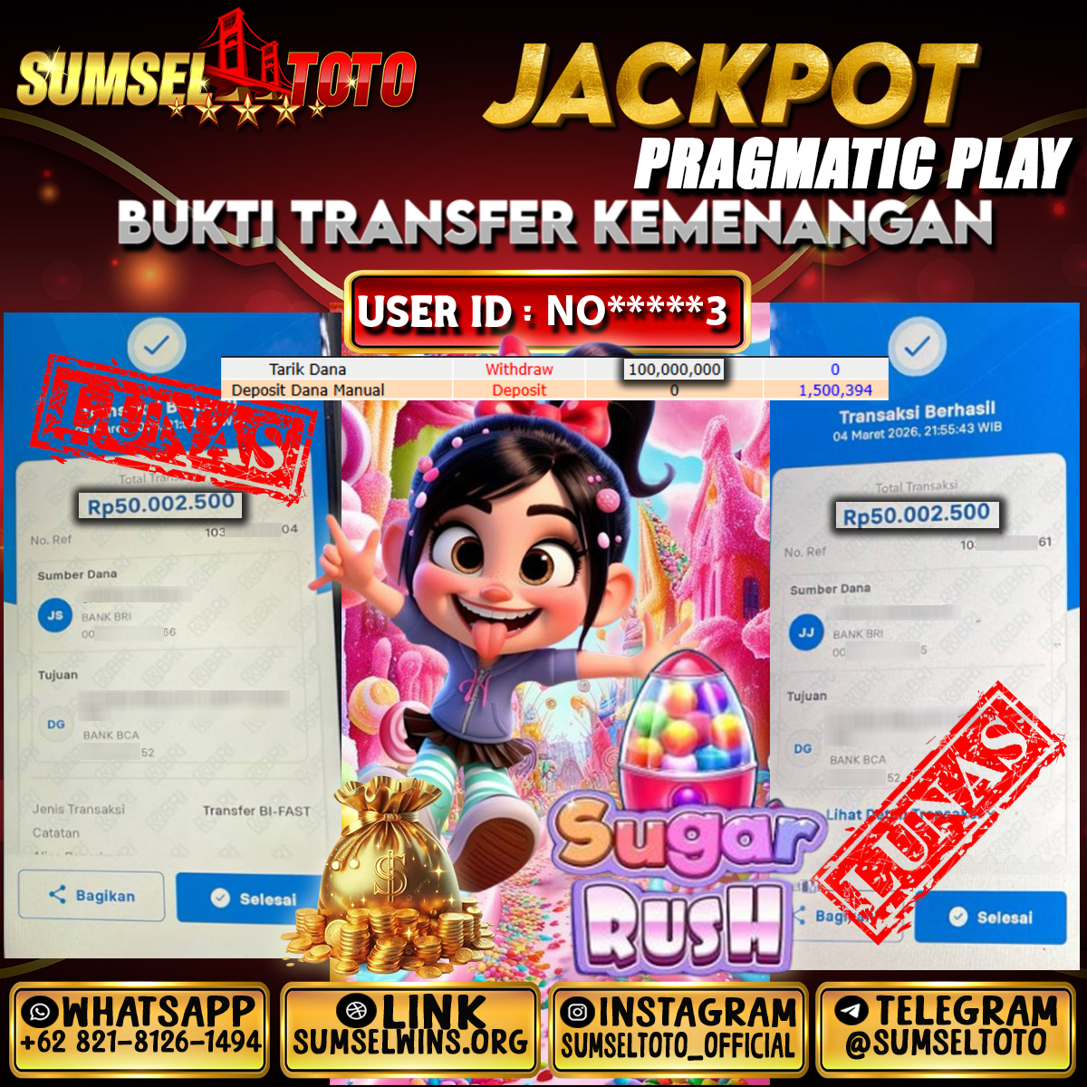 SUMSELTOTO JACKPOT SUGAR RUSH Rp.100,000,000.,- LUNAS